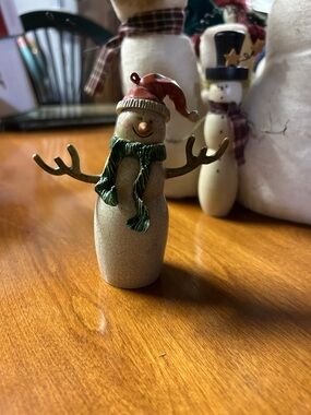 Holiday Ceramic Snowman Figurine with Green Scarf and Red Hat